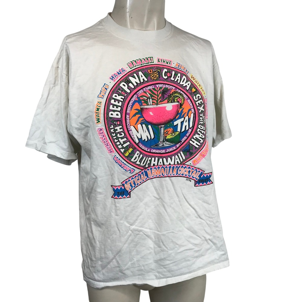 Vintage Jerzees Hawaii Cocktail Graphic T-Shirt White Mens Large Made in USA 90s